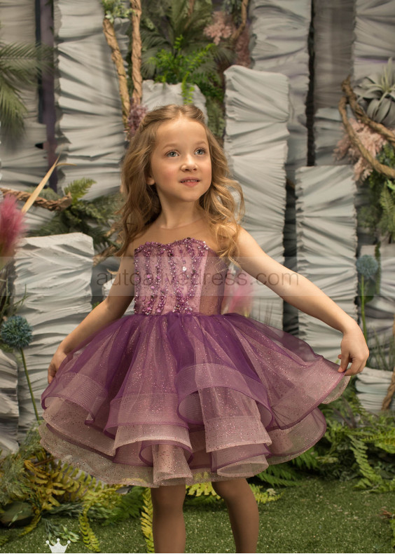 Beaded Purple Tulle Knee Length Heart Back Flower Girl Dress